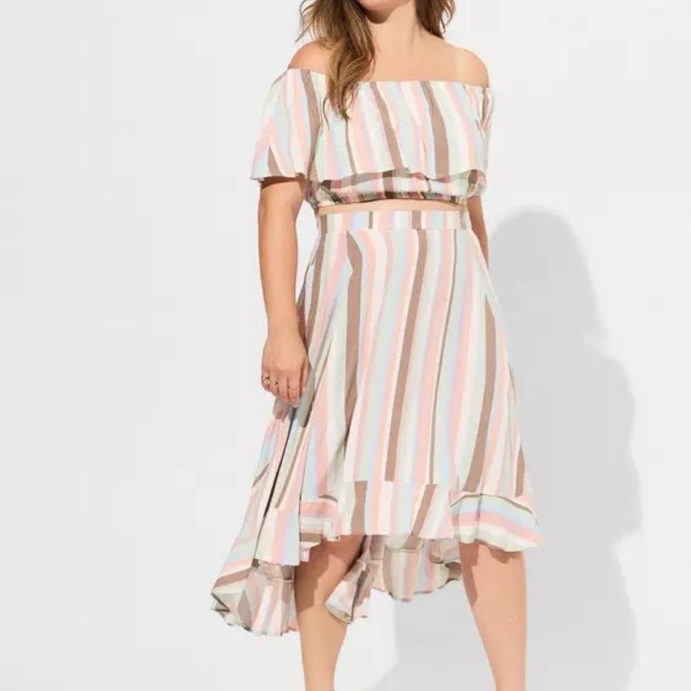 Torrid Midi Challis off shoulder Striped Off-Shoulder high low skirt set